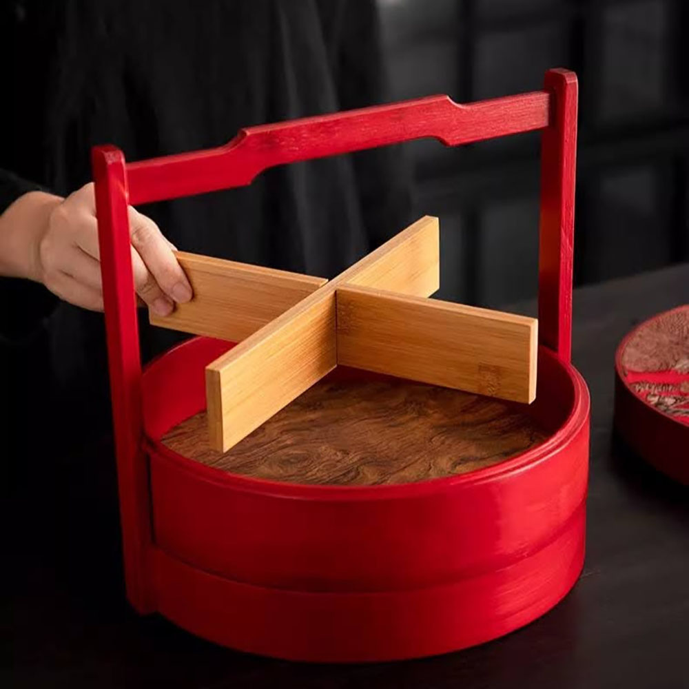 CANDYTRAY-WOOD-REDd Two-Tier Wooden Lunar New Year Candy Box with Red Handle and Brocade Lid