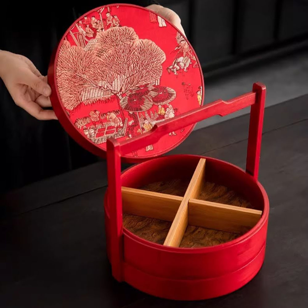 CANDYTRAY-WOOD-REDg Two-Tier Wooden Lunar New Year Candy Box with Red Handle and Brocade Lid