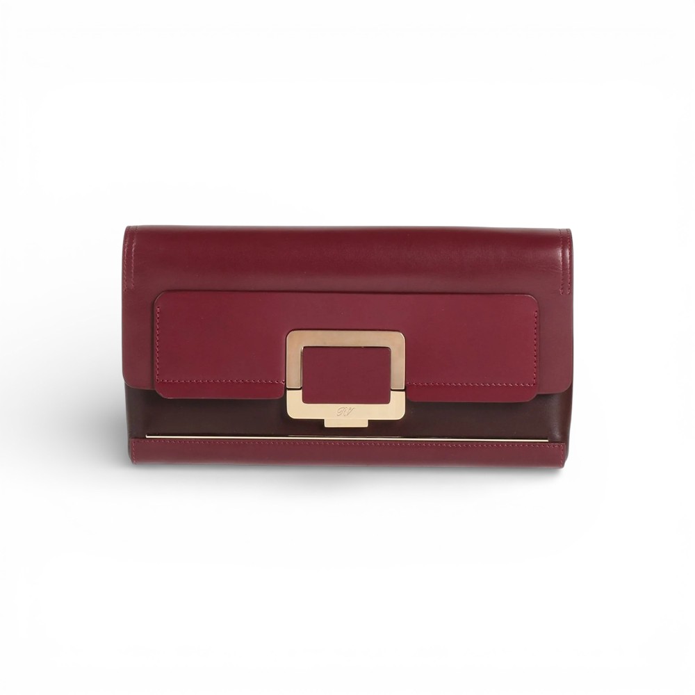 CLUTCH-RV-BURGUNDY-a Bordeaux Red Leather Top-Handle Bag with Square Buckle and Shoulder Strap – Roger Vivier (France)