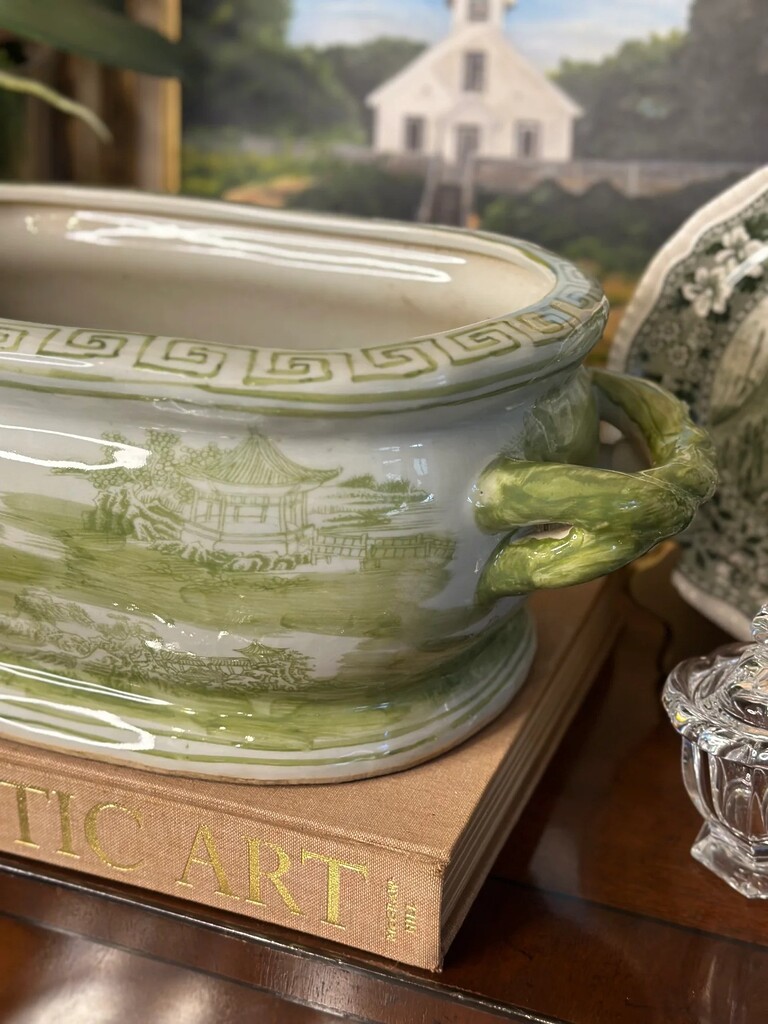 FOOTBATH-GREWHI-LANDSCAPE-d Green-Glazed Ceramic Oval Planter with Classical Landscape Motif