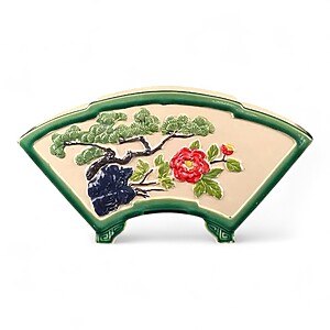 PLNTER-GRE-18CM Fan-Shaped Ceramic Planter with Blue Rim, Carved Camellia and Pine Motifs