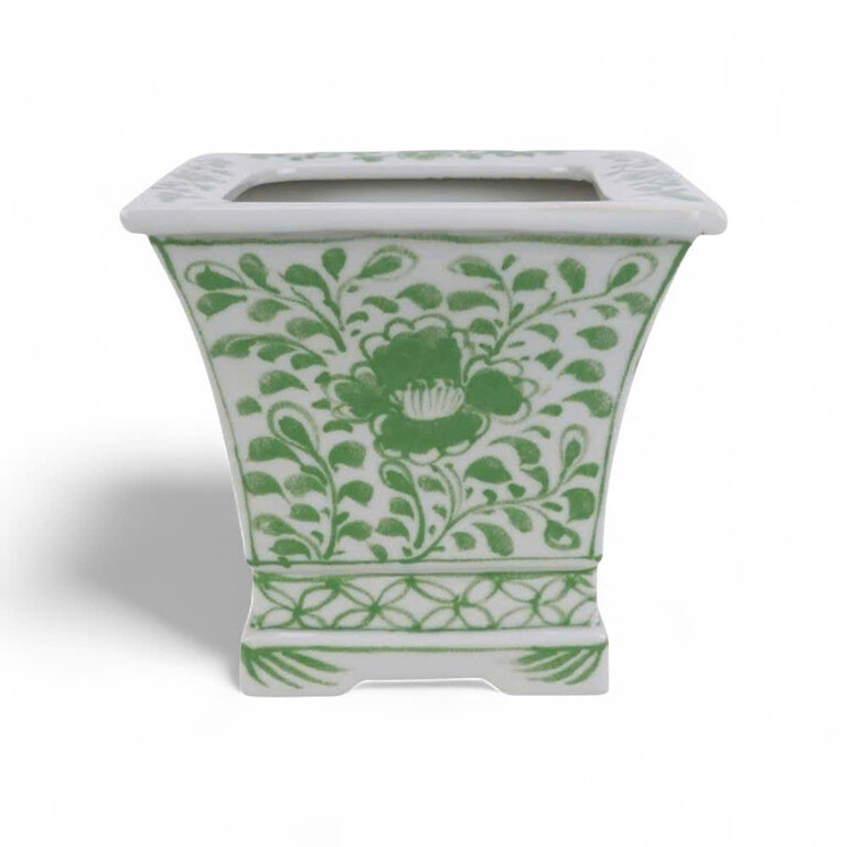 PLNTER-GREWHI-SQUARE Green-Glazed Square Hand-Painted Floral Ceramic Planter