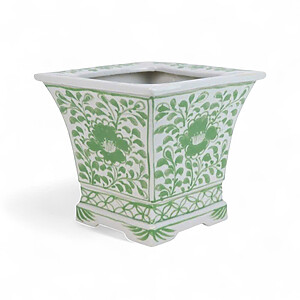 PLNTER-GREWHI-SQUAREa Green-Glazed Square Hand-Painted Floral Ceramic Planter