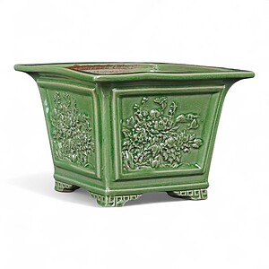 PLNTER-JADEGRE-SQUARE-20CM Square Celadon-Glazed Ceramic Planter with Carved Peony Motif (20 × 15 cm)