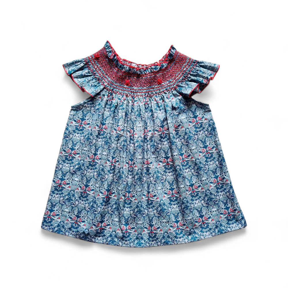 TOP-LMC-SMOCKEDSTRAWBTHIEF Smocked Cotton Shirt Printed with William Morris’s Strawberry Thief Motif – La Maison Chouette