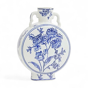 VASE-BLUWHI-MOONFLASKPEONY Blue-Glazed Ceramic Moon Flask Vase with Handles and Peony Motif