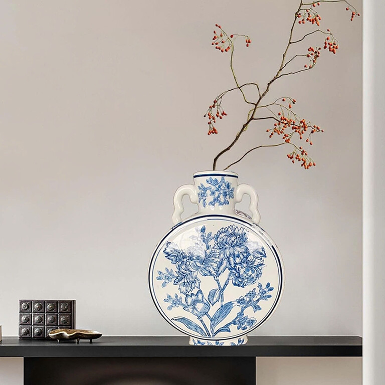 VASE-BLUWHI-MOONFLASKPEONYa Blue-Glazed Ceramic Moon Flask Vase with Handles and Peony Motif